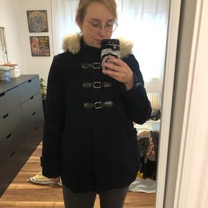 Navy blue topshop peacoat with hood